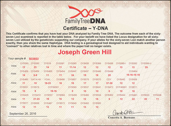 Joseph Green Hill Y-DNA